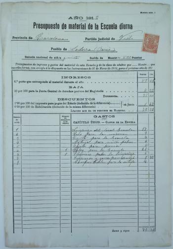 Pressupost de material de l’Escola diürna de Saderra d'Orís, 1 de novembre de 1913. Arxiu Municipal d’Orís.