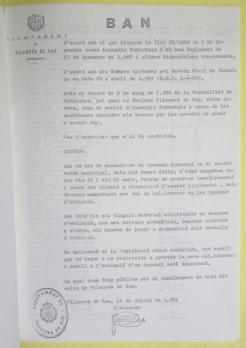 Ban de l’alcalde de Vilanova de Sau mobilitzant en cas d’incendi tots els homes útils de 18 a 60 anys, 1986. Arxiu Municipal de Vilanova de Sau.