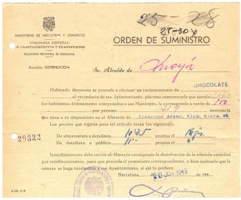 Ordre de subministrament de xocolata, 1949. Moià, Arxiu Municipal de Moià.