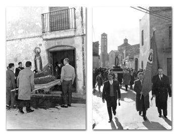 Recollida de la imatge del sant custodiada per la Germandat de Sant Nicasi i processó al carrer de la Rectoria. Any 1962. Autor: Jordi Vaghi. AMG.