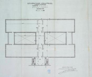 AGDB: Fons: Diputació de Barcelona. R. 3697. Autoria: Joan Rubió i Bellver. Universitat Industrial Hispano-Americana. Projecte d’un edifici per instal·lació de laboratori, primer pis, 1927.
