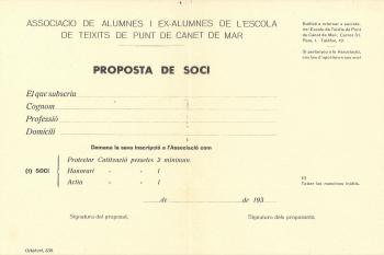 Butlleta de soci de l’Escola de Teixits de Punt de Canet de Mar, 1936. Biblioteca de Reserva de la Diputació de Barcelona i Centre de Documentació de l’Arxiu General. (CAT AGDB R.22779)