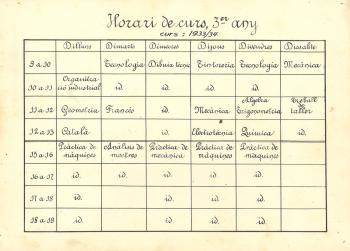 Horari del curs 1933-1934. Fons: Diputació de Barcelona. (CAT AGDB A-492, exp.1)