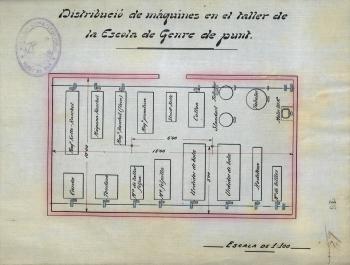 Plànol sobre la distribució de màquines en el taller de l’Escola de Teixits de Punt de Canet de Mar, c.1920. Autoria desconeguda. Fons: Mancomunitat de Catalunya. (CAT AGDB A-493, exp.2)