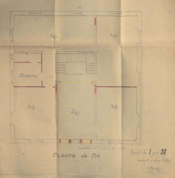 Plànol de la planta de pis de l’Escola de Teixits de Punt de Canet de Mar, 2-6-1920. Autoria: Lluís Planas i Calvet. Fons: Mancomunitat de Catalunya. (CAT AGDB A-493, exp.2)